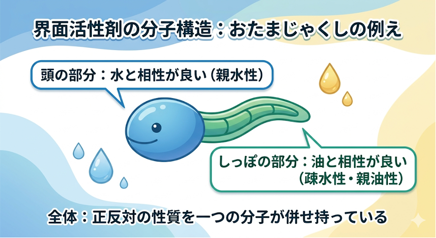 界面活性剤の分子構造：おたまじゃくしの例え